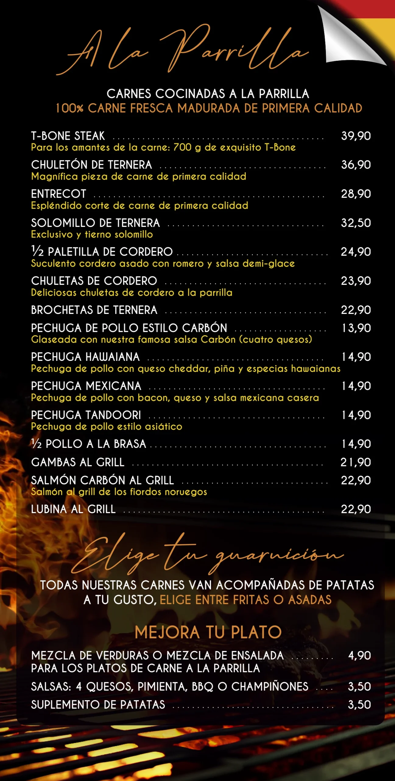 Carta El Carbón · Carnes a la parrilla y guarniciones · Página 3