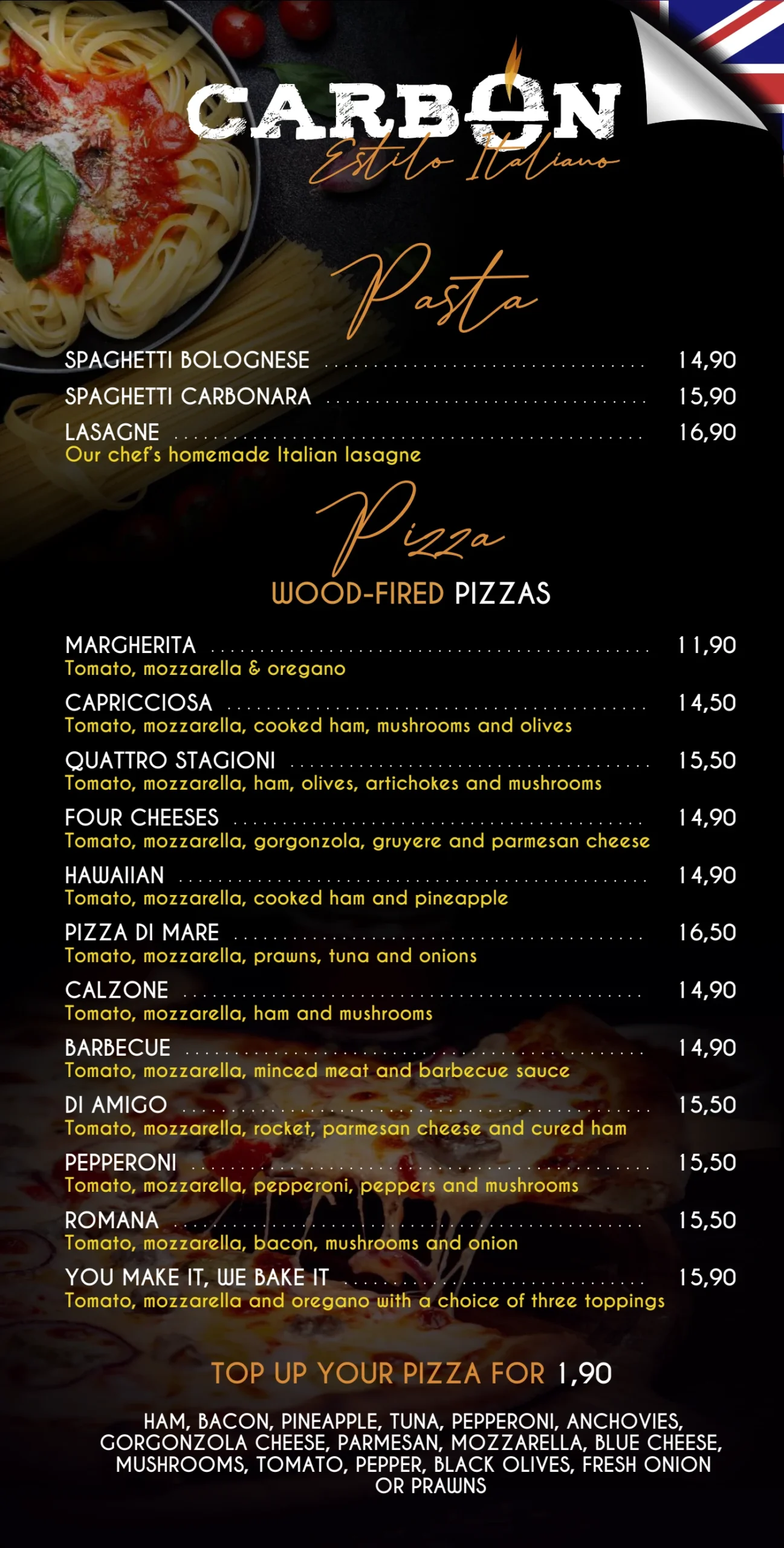 Carta El Carbón · Pasta and pizzas · Página 9